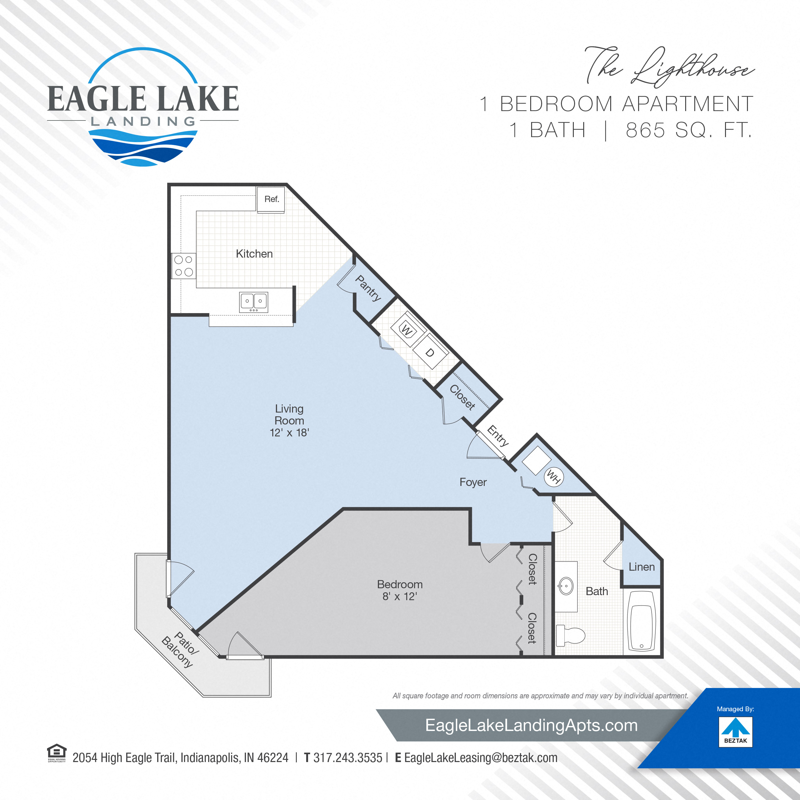 Floor plan for 1 bed, 1 bath, 865 sqft